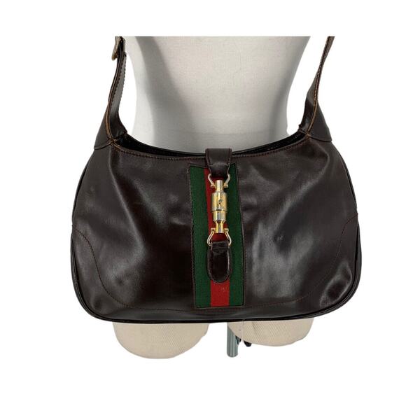 Vintage Gucci Jackie Bag Brown Leather Red Green Sherry Stripe Convertible Purse - Picture 1 of 16